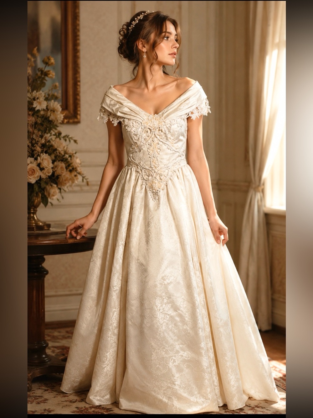 Vintage Jessica McClintock Off-Shoulder Ivory Fairytale Bridal Ball Gown Sz 8